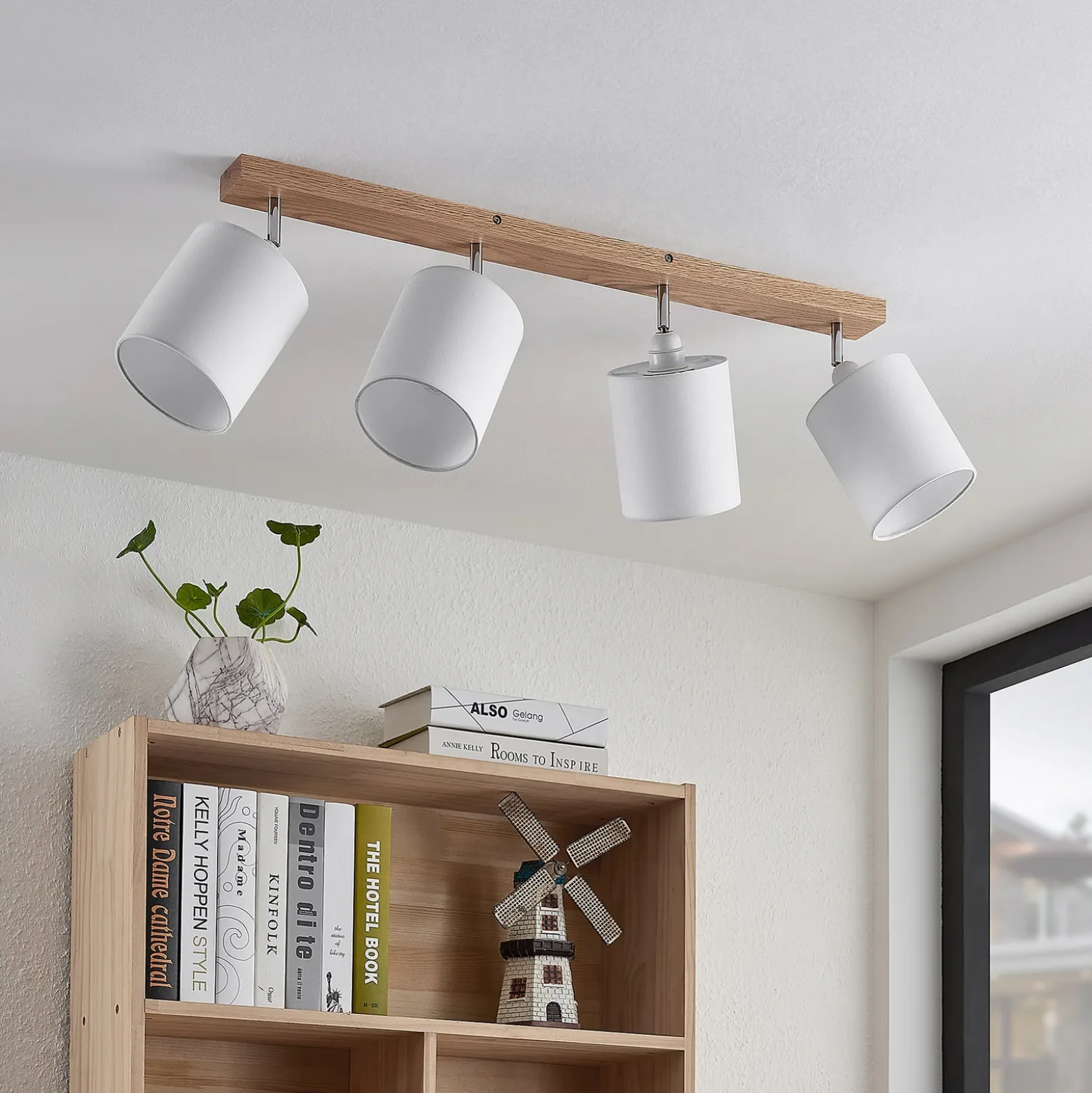 Downlight Lindby Imarin, 81 cm, blanco, 4 luces, madera
