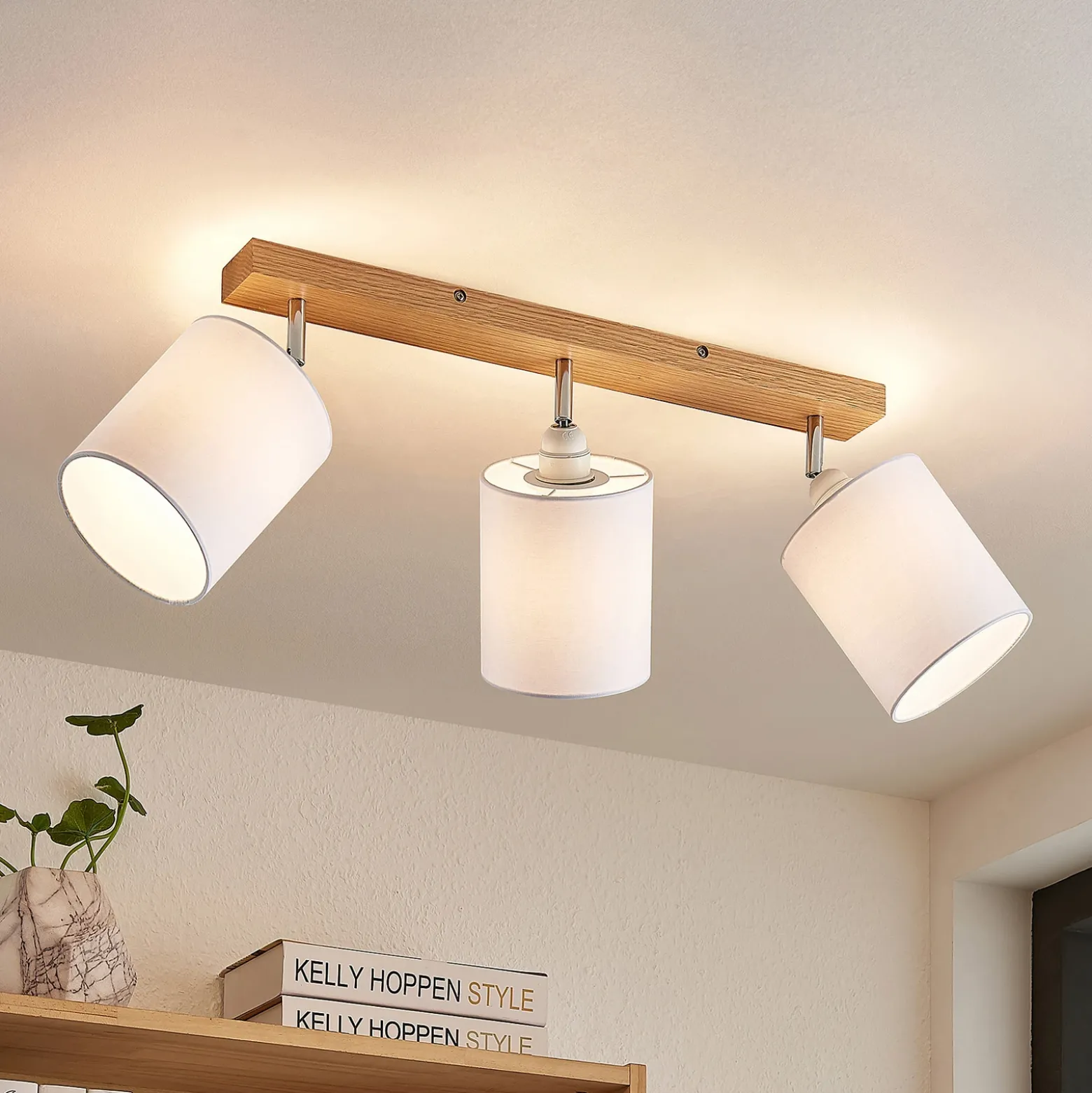 Downlight Lindby Imarin, 56 cm, 3 luces, blanco, madera