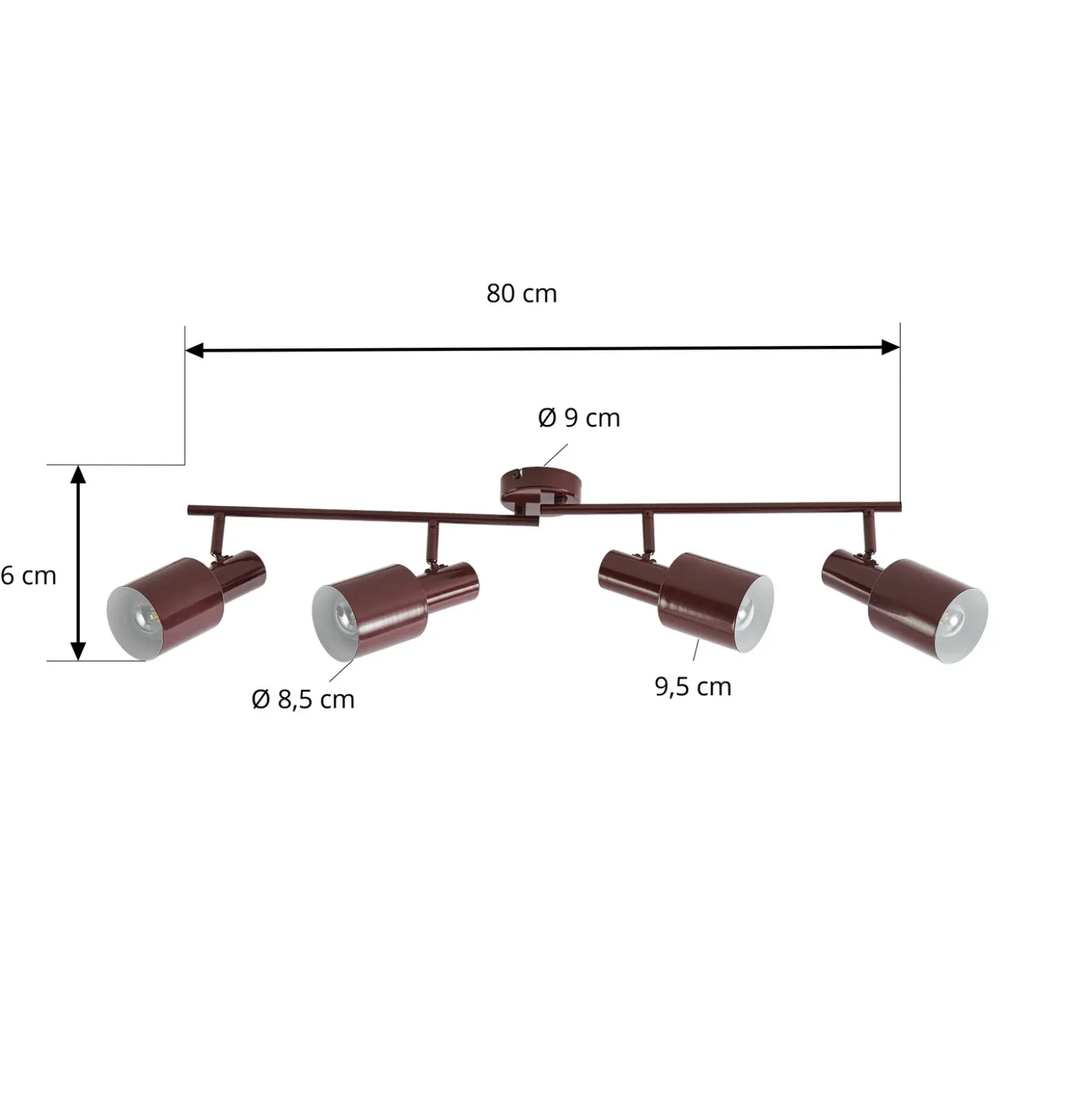Downlight Lindby Ovelia, rojo oscuro, 80 cm, 4 luces, E27