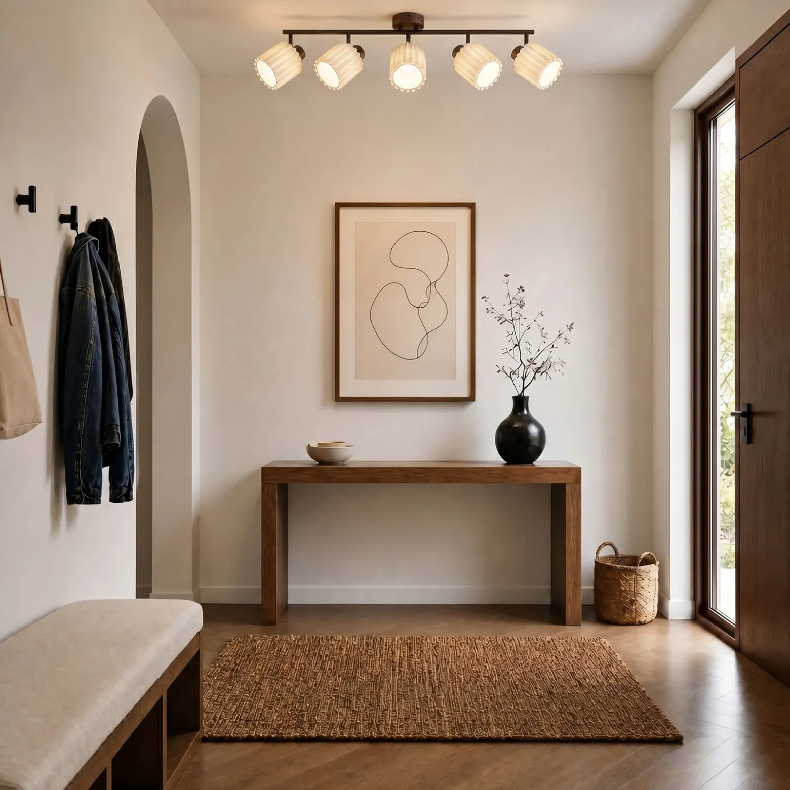 Downlight Lindby Shiloh, 5 luces, nogal/beige, madera