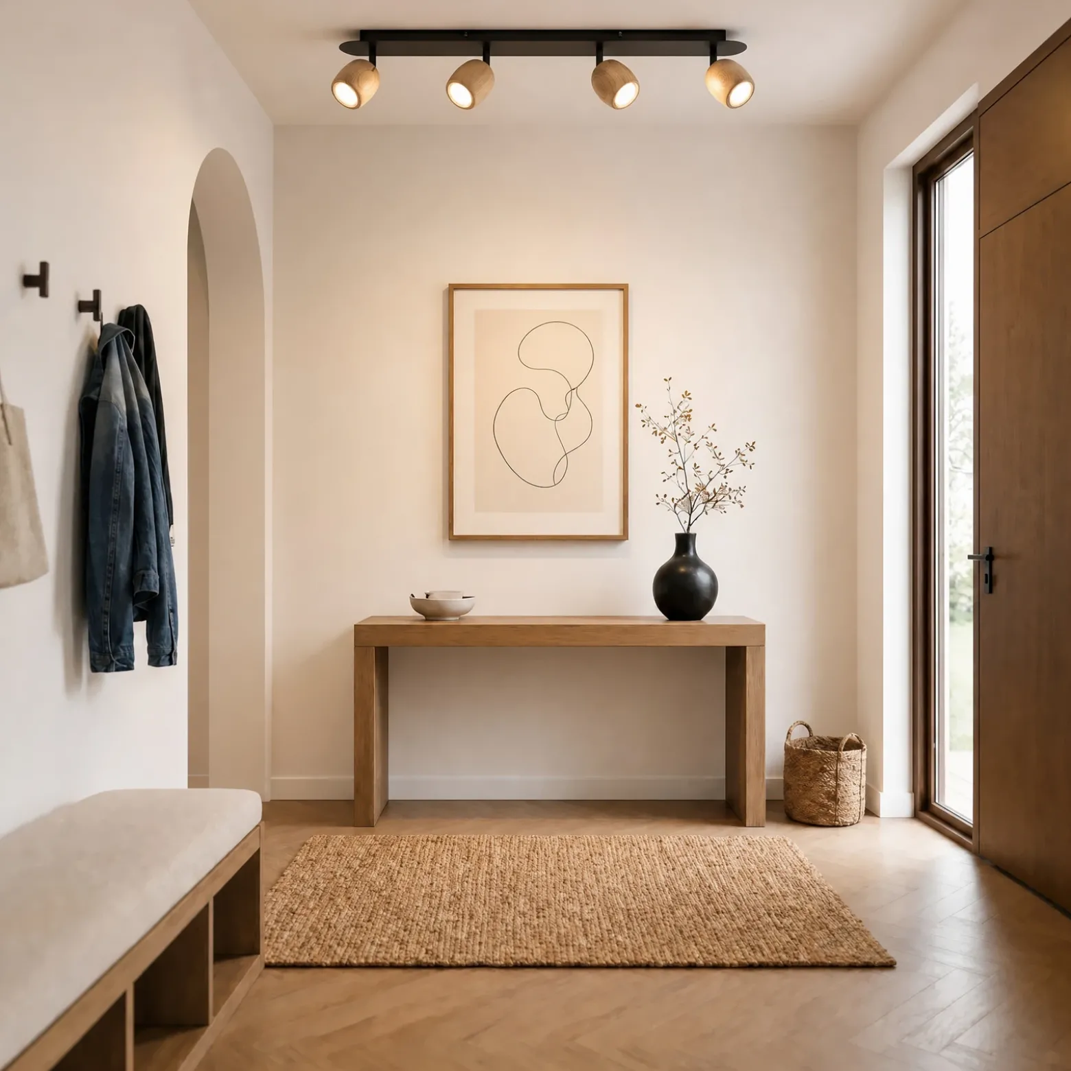 Downlight Lindby Sloane, 4 luces, madera/negro, GU10