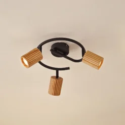 Downlight Lindby Stralino, 3 luces, Ø31 cm, madera, GU10