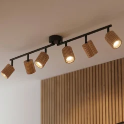 Downlight Lindby Stralino, 6 luces, 102 cm de largo, madera
