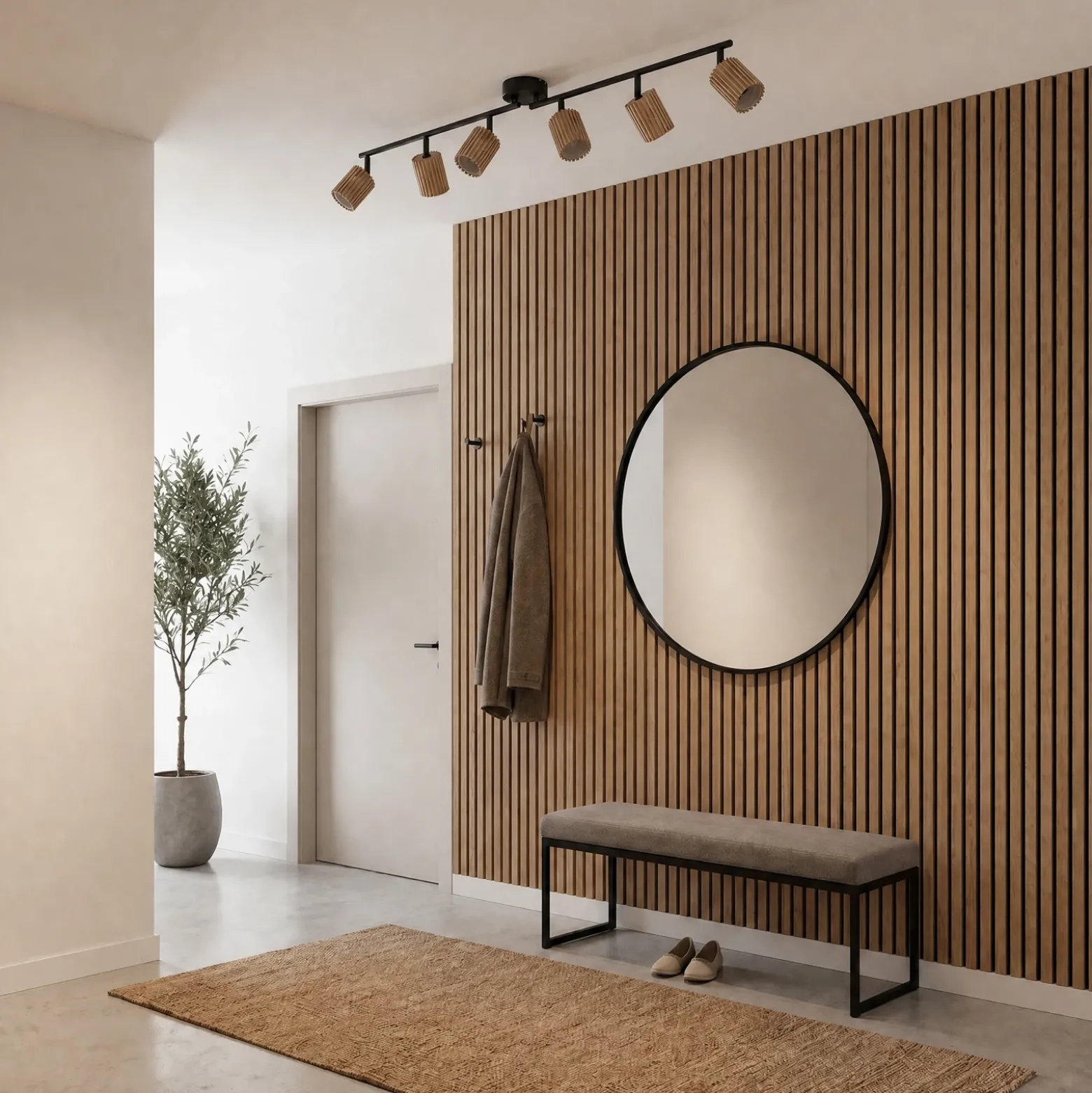 Downlight Lindby Stralino, 6 luces, 102 cm de largo, madera