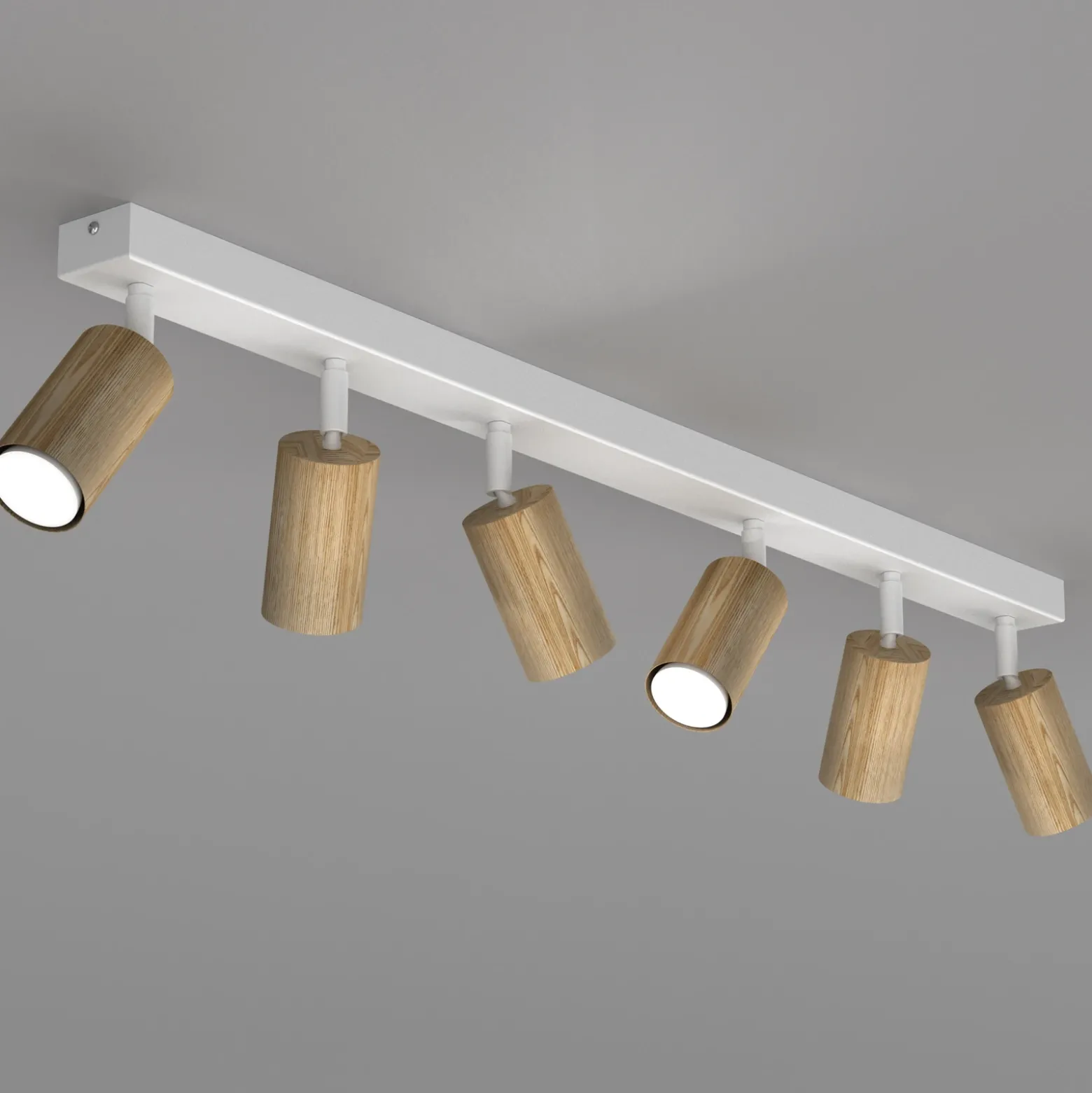 Downlight Nisse, blanco, longitud 90 cm, 5 luces, madera/metal