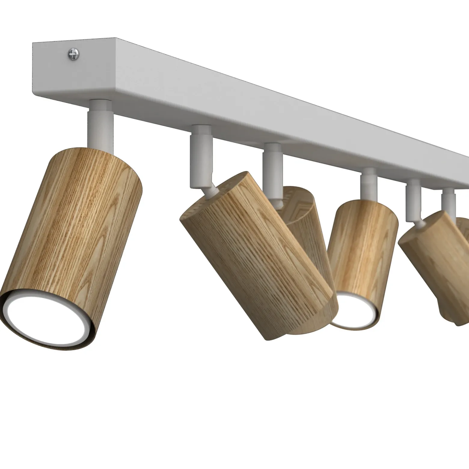 Downlight Nisse, blanco, longitud 90 cm, 5 luces, madera/metal