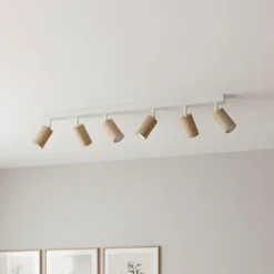 Downlight Nisse, blanco, longitud 90 cm, 5 luces, madera/metal