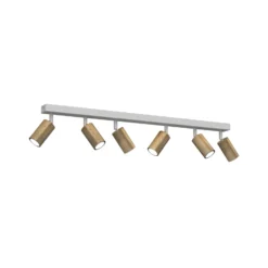Downlight Nisse, blanco, longitud 90 cm, 5 luces, madera/metal