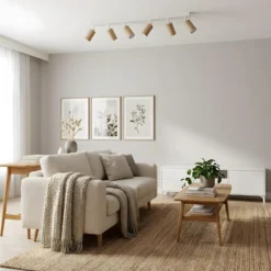 Downlight Nisse, blanco, longitud 90 cm, 5 luces, madera/metal