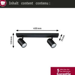 Downlight Paulmann Zyli negro, longitud 40 cm, 2 luces, IP44