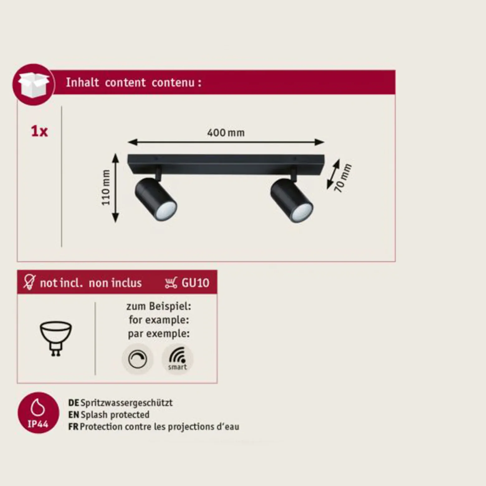 Downlight Paulmann Zyli negro, longitud 40 cm, 2 luces, IP44