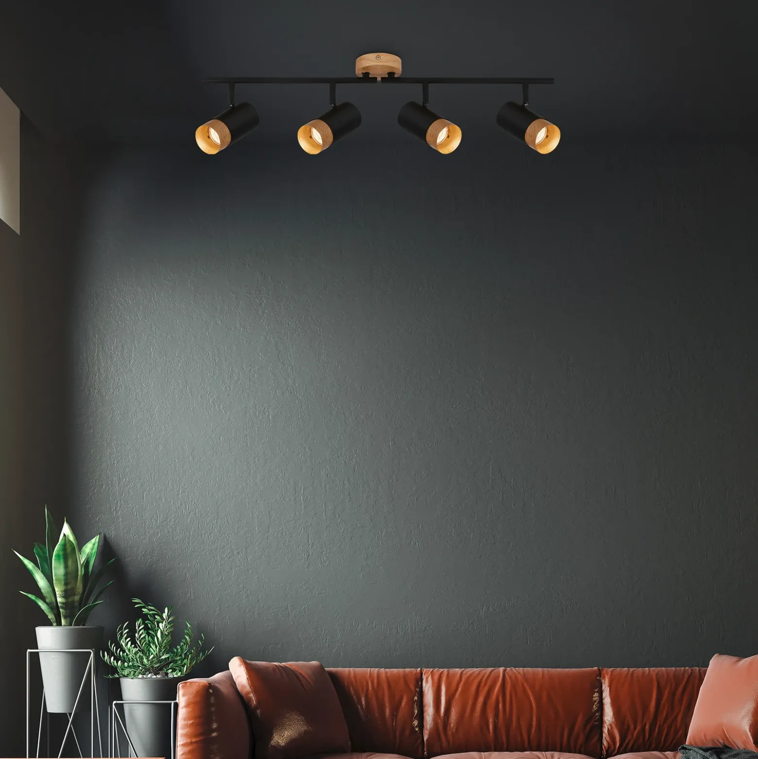 Downlight Plek GU10 negro/madera 4 luces