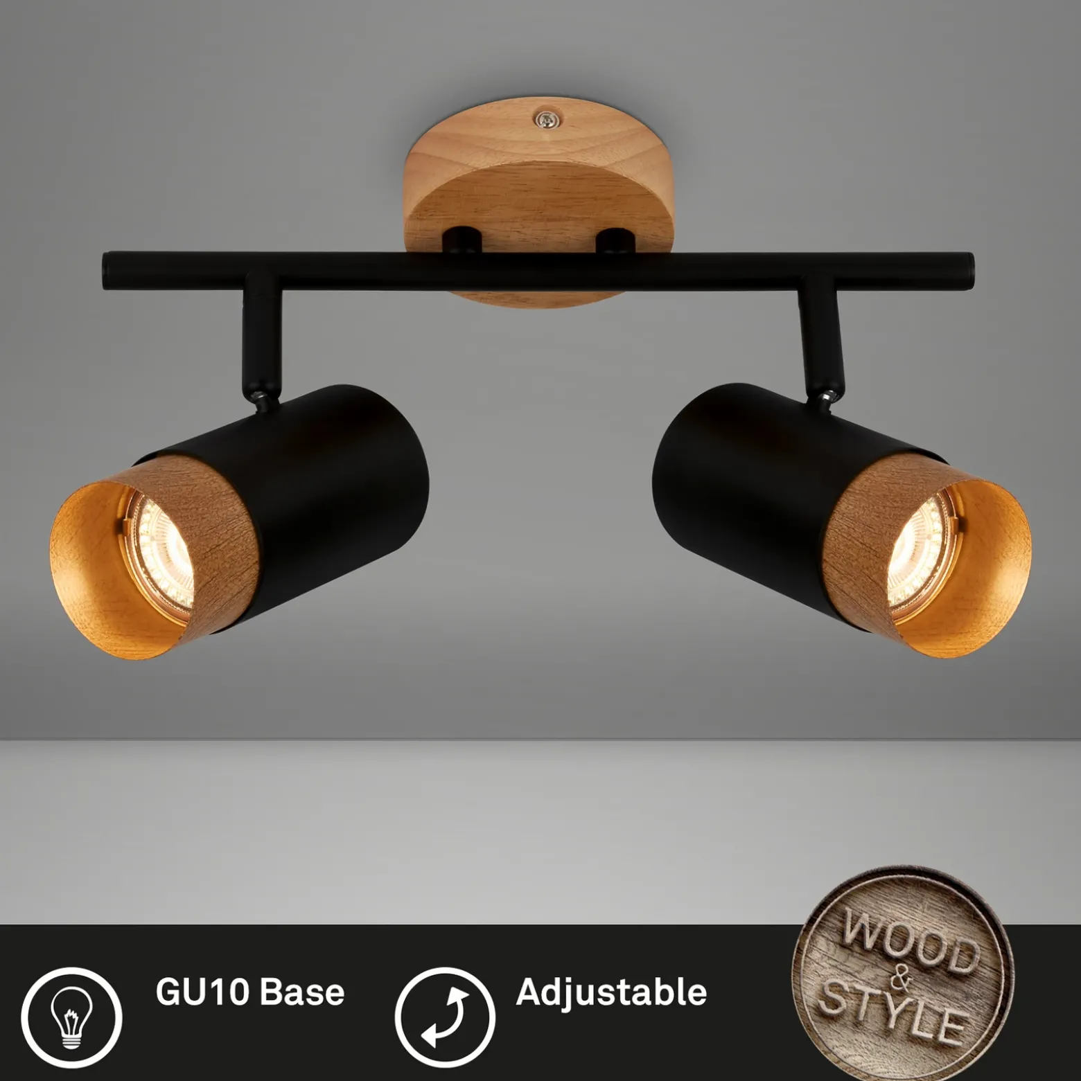 Downlight Plek GU10 negro/madera 2 luces