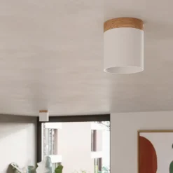 Downlight Rif, blanco, Ø 12 cm, madera, aluminio
