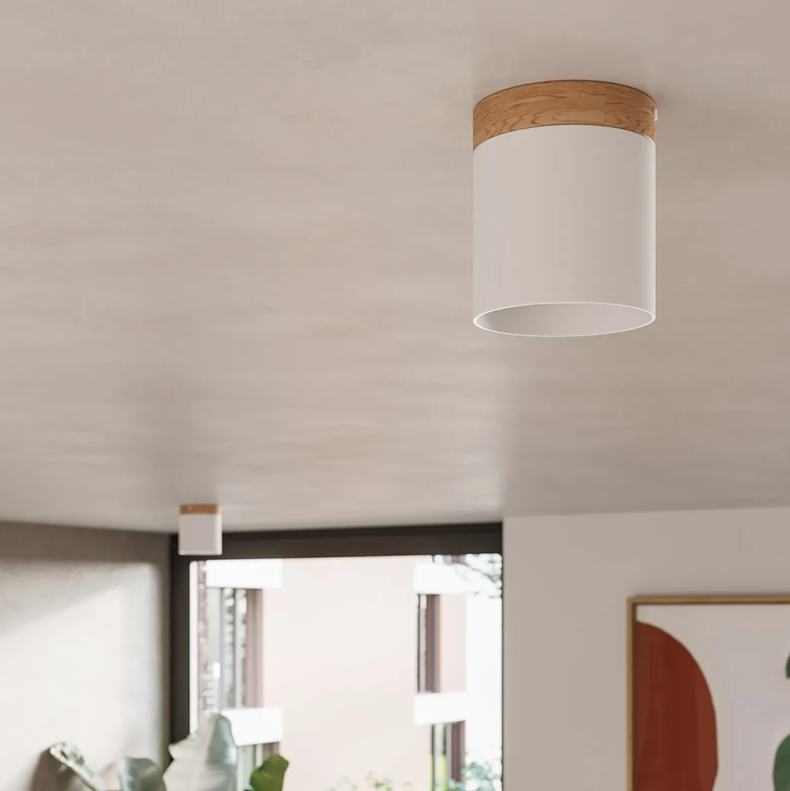 Downlight Rif, blanco, Ø 12 cm, madera, aluminio