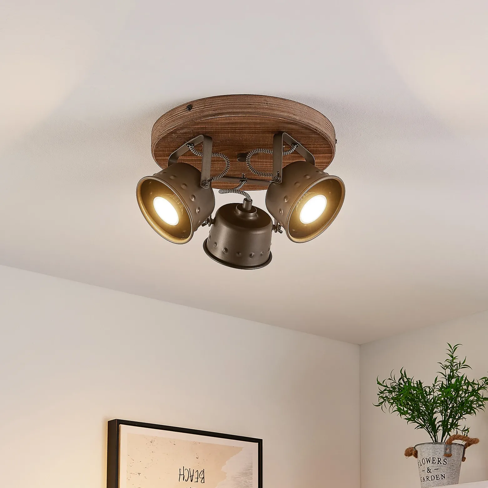 Downlight Rubinjo de Lindby, Ø 31 cm, 3 luces, madera, GU10