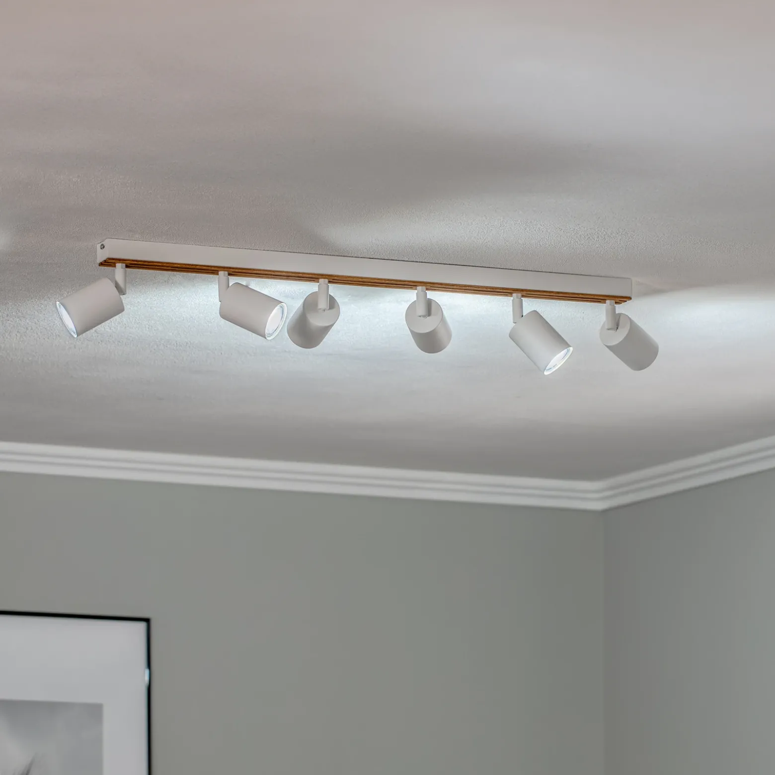 Downlight Tino, blanco/madera, 6 luces, 80 cm