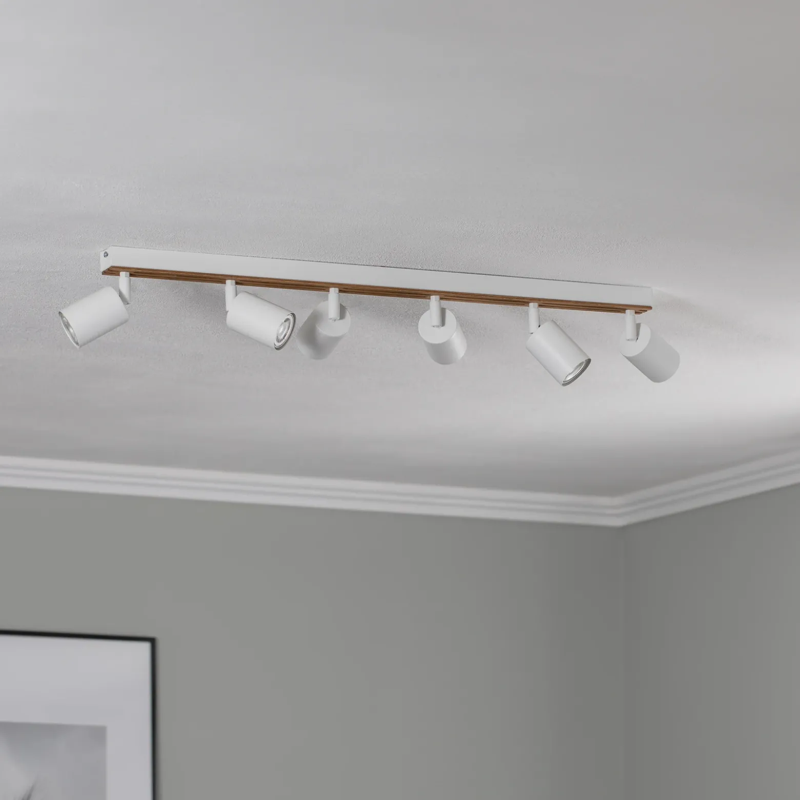 Downlight Tino, blanco/madera, 6 luces, 80 cm