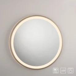 Espejo LED de pared VIDRO, bronce, Ø 46 cm, batería externa, interruptor