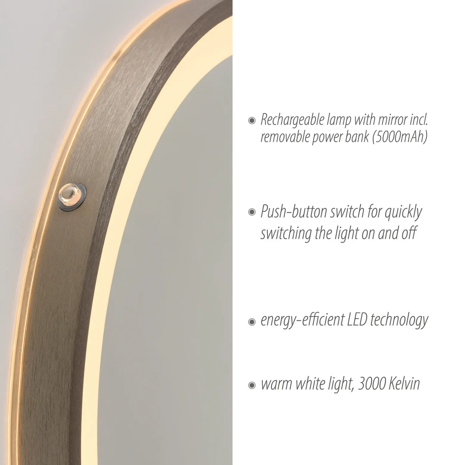Espejo LED de pared VIDRO, bronce, Ø 46 cm, batería externa, interruptor