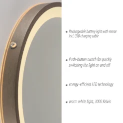 Espejo LED de pared VIDRO, bronce, Ø 36 cm, batería externa, interruptor