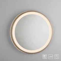 Espejo LED de pared VIDRO, bronce, Ø 36 cm, batería externa, interruptor