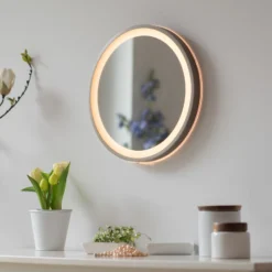 Espejo LED de pared VIDRO, bronce, Ø 36 cm, batería externa, interruptor