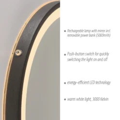 Espejo LED de pared VIDRO, gris, Ø 46 cm, batería externa, interruptor