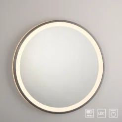Espejo LED de pared VIDRO, gris, Ø 46 cm, batería externa, interruptor