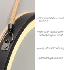 Espejo LED de pared VIDRO, negro, Ø 40 cm, batería externa, para colgar