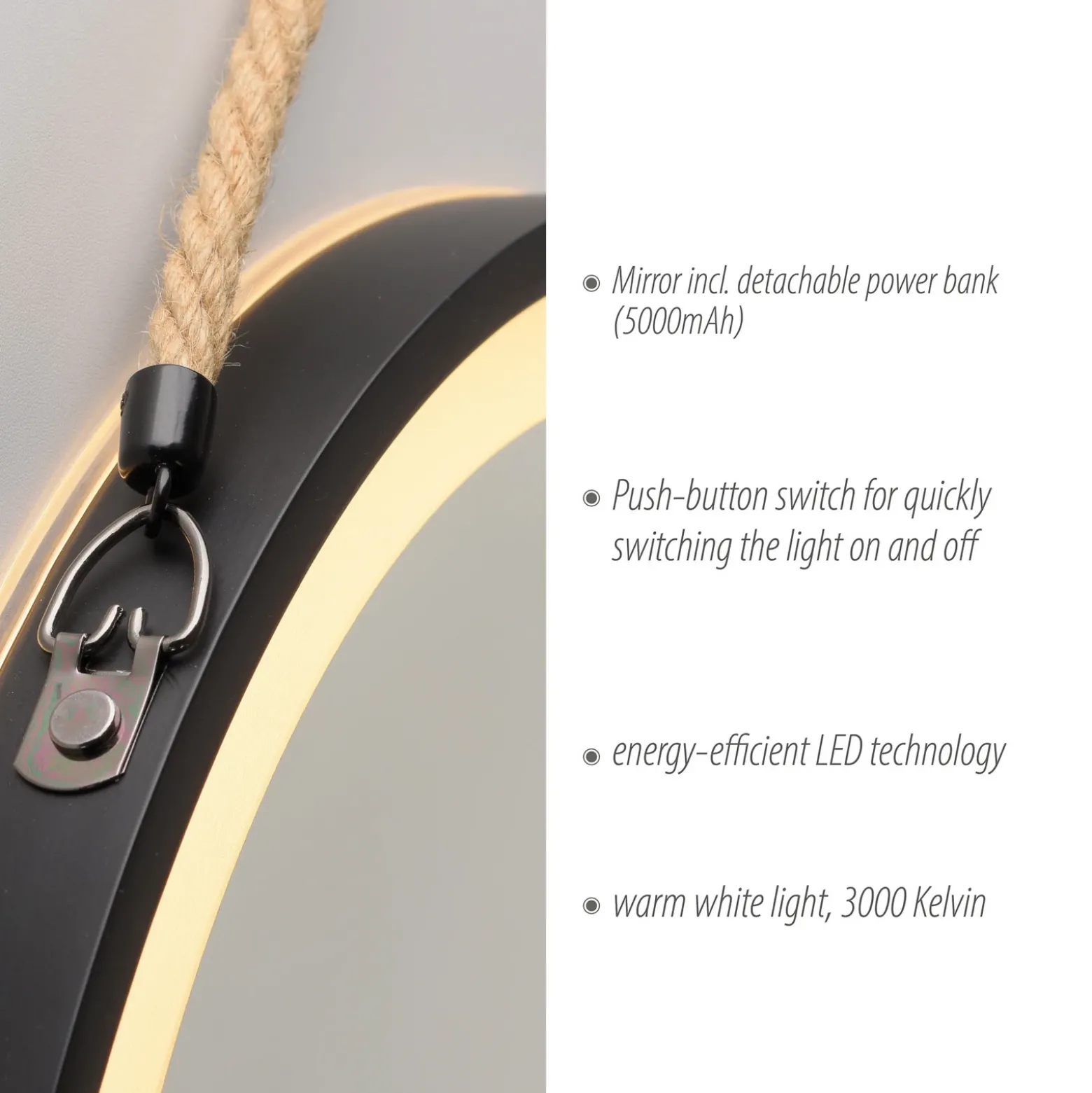 Espejo LED de pared VIDRO, negro, Ø 40 cm, batería externa, para colgar