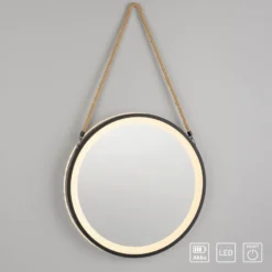 Espejo LED de pared VIDRO, negro, Ø 40 cm, batería externa, para colgar