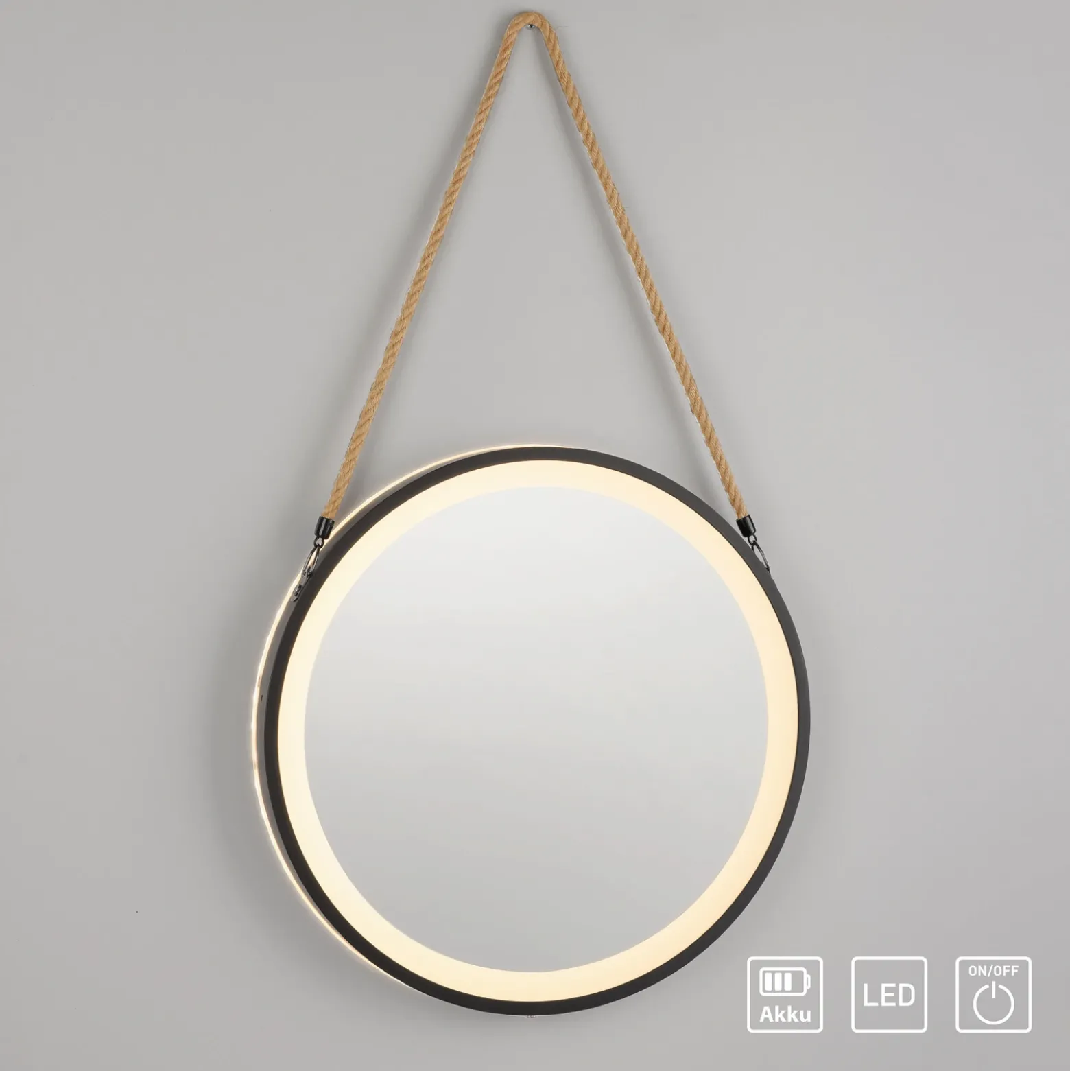 Espejo LED de pared VIDRO, negro, Ø 40 cm, batería externa, para colgar