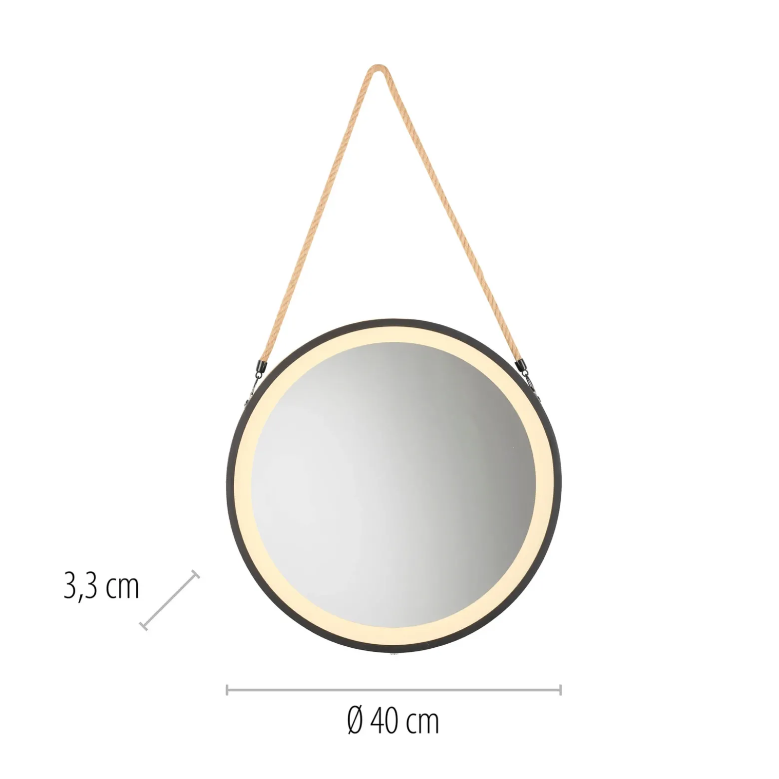 Espejo LED de pared VIDRO, negro, Ø 40 cm, batería externa, para colgar