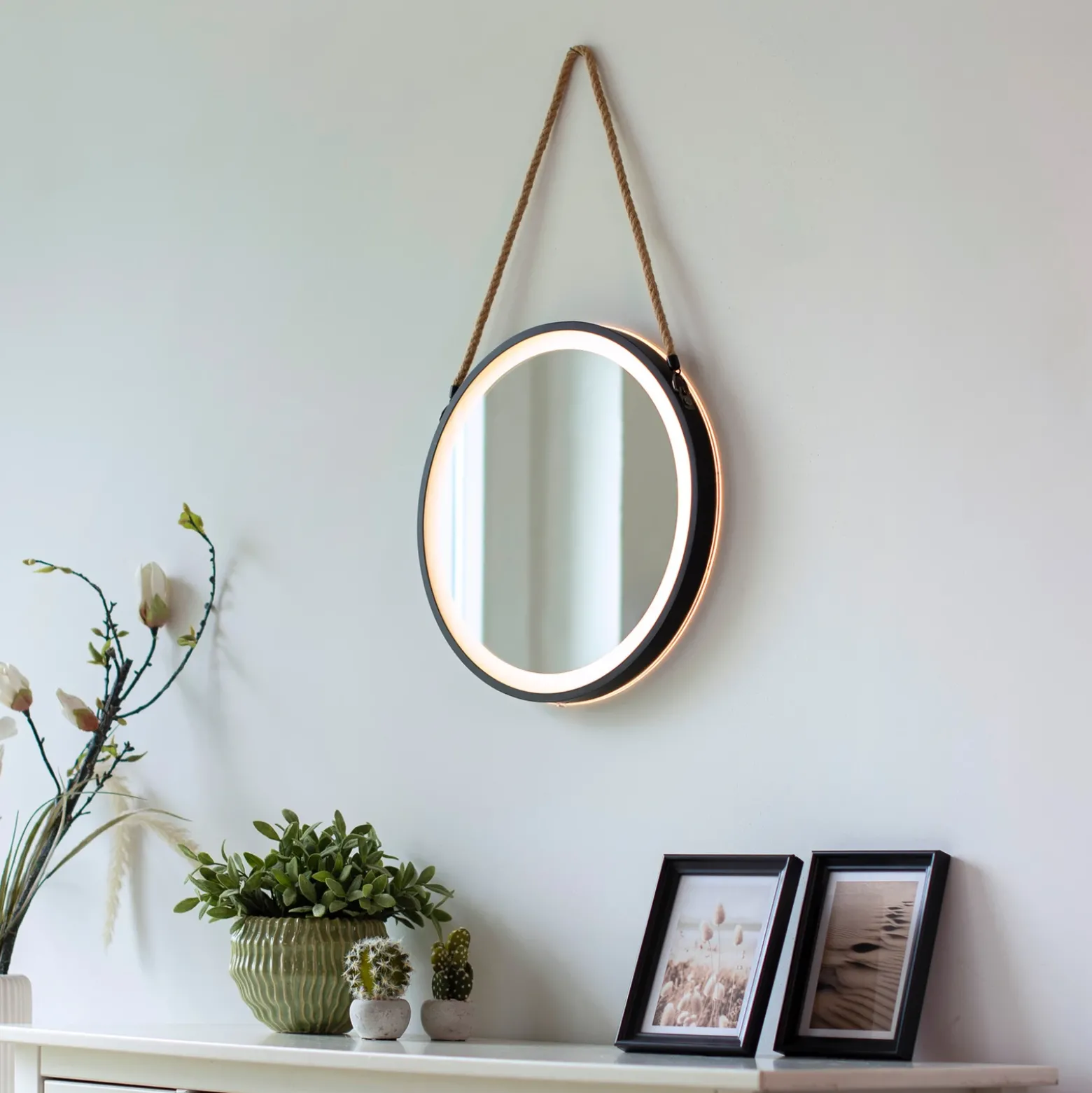 Espejo LED de pared VIDRO, negro, Ø 40 cm, batería externa, para colgar