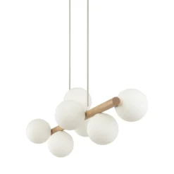 Estera lámpara colgante, cristal opalino, madera, 7 luces