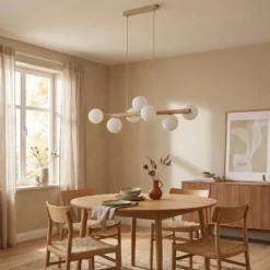 Estera lámpara colgante, cristal opalino, madera, 7 luces