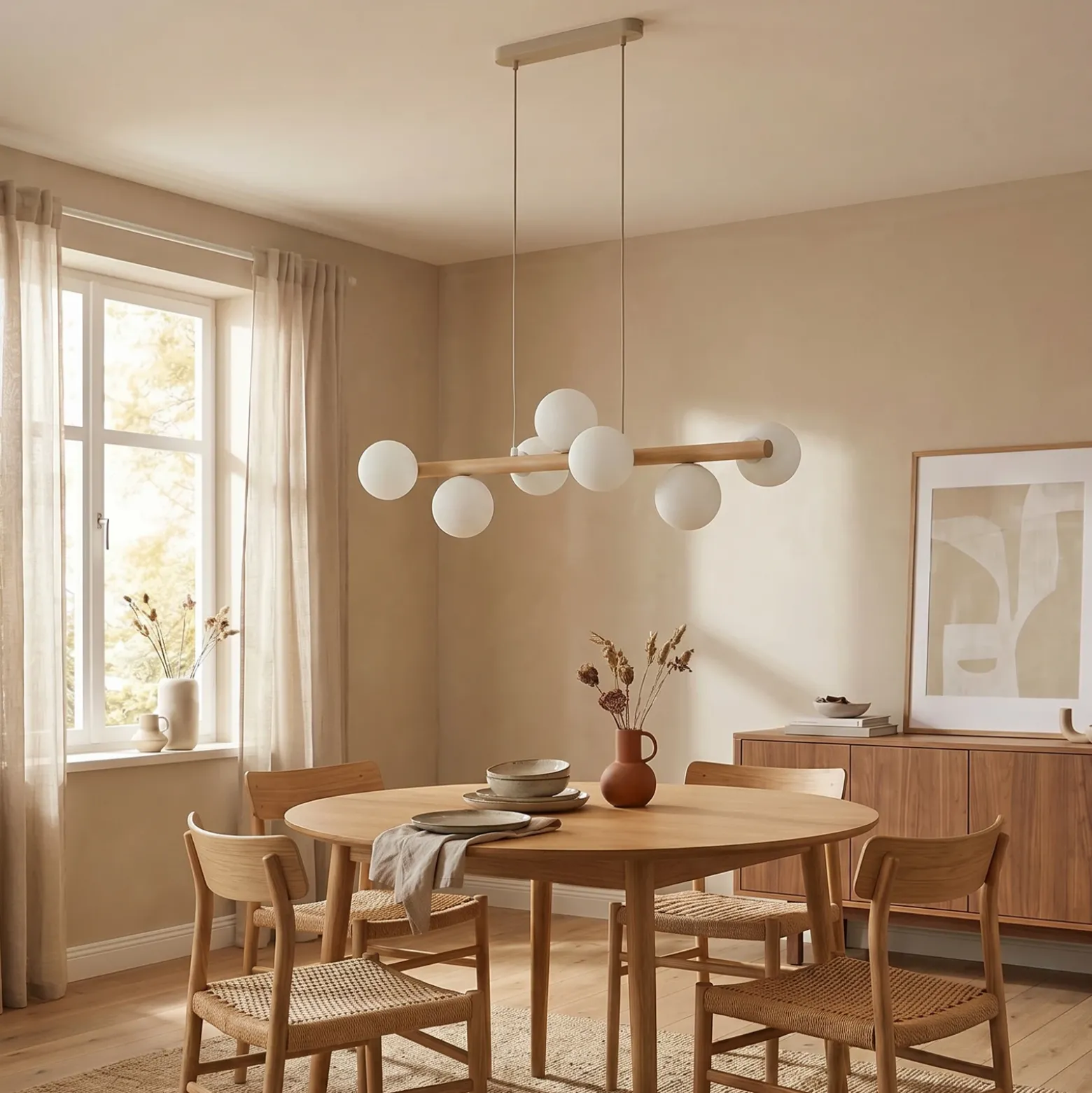 Estera lámpara colgante, cristal opalino, madera, 7 luces
