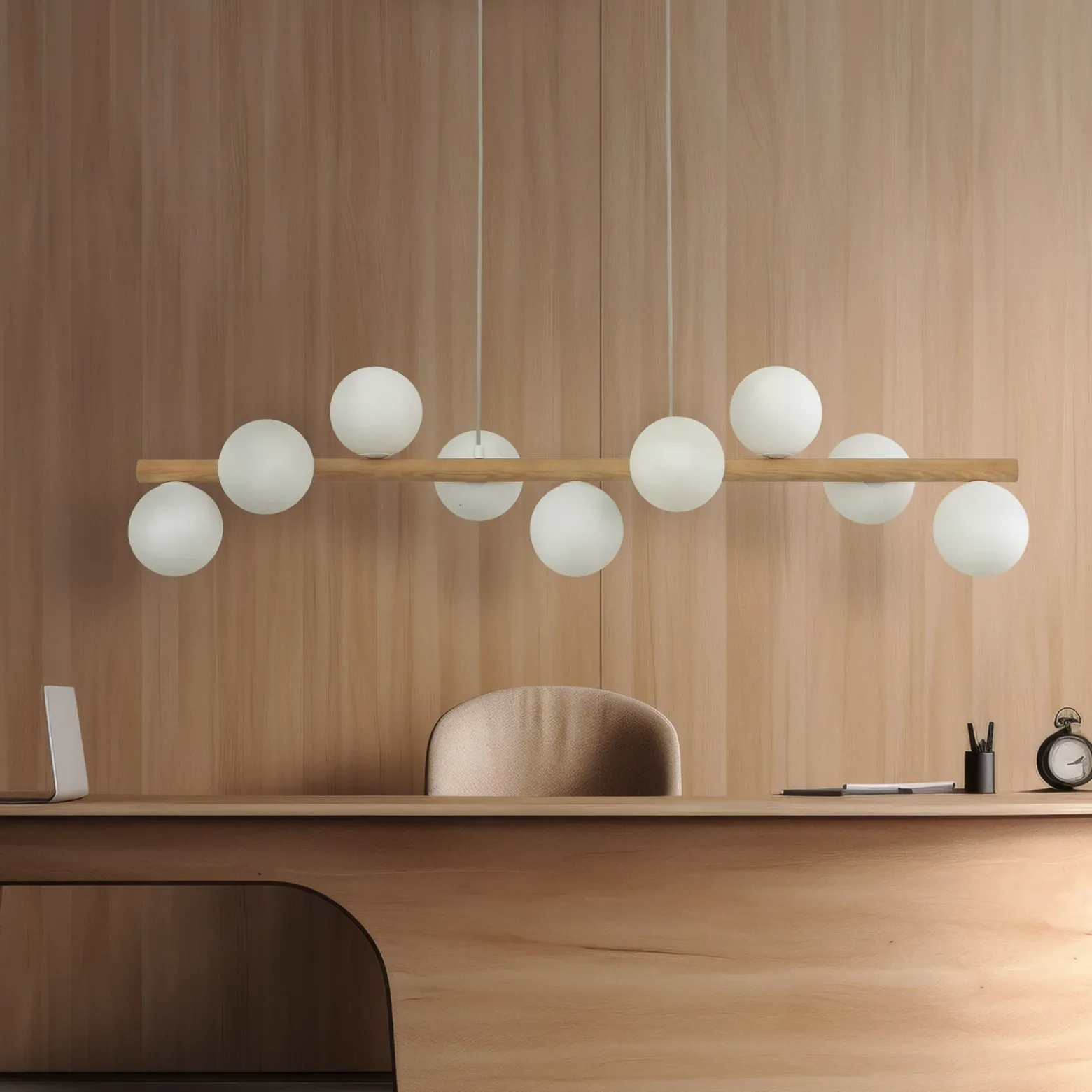 Estera lámpara colgante, cristal opalino, madera, 9 luces