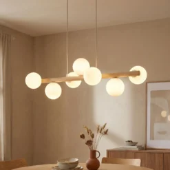 Estera lámpara colgante, cristal opalino, madera, 7 luces