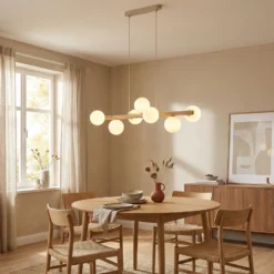 Estera lámpara colgante, cristal opalino, madera, 7 luces