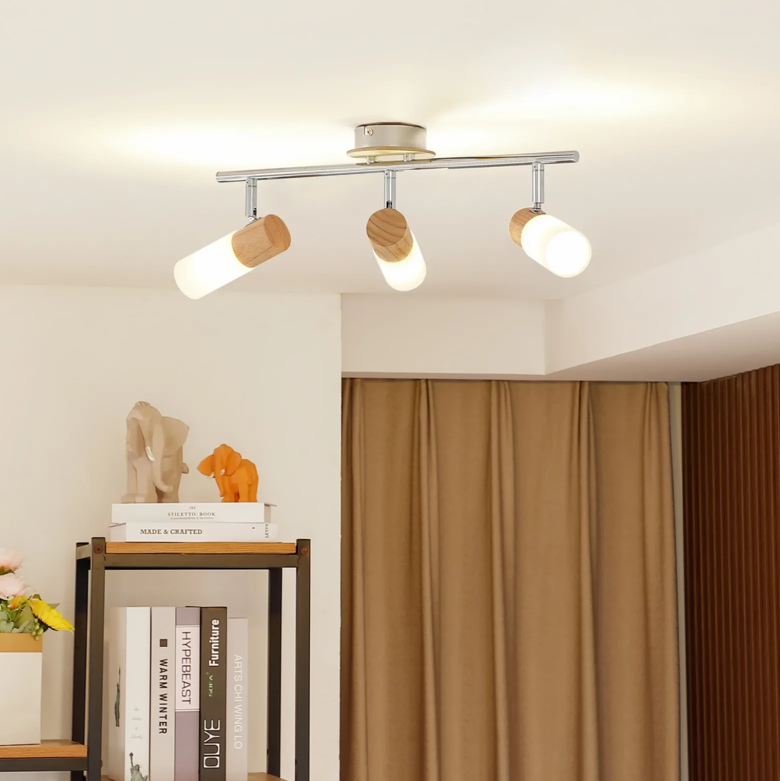 Foco de madera Christoph, 3 luces, alargado