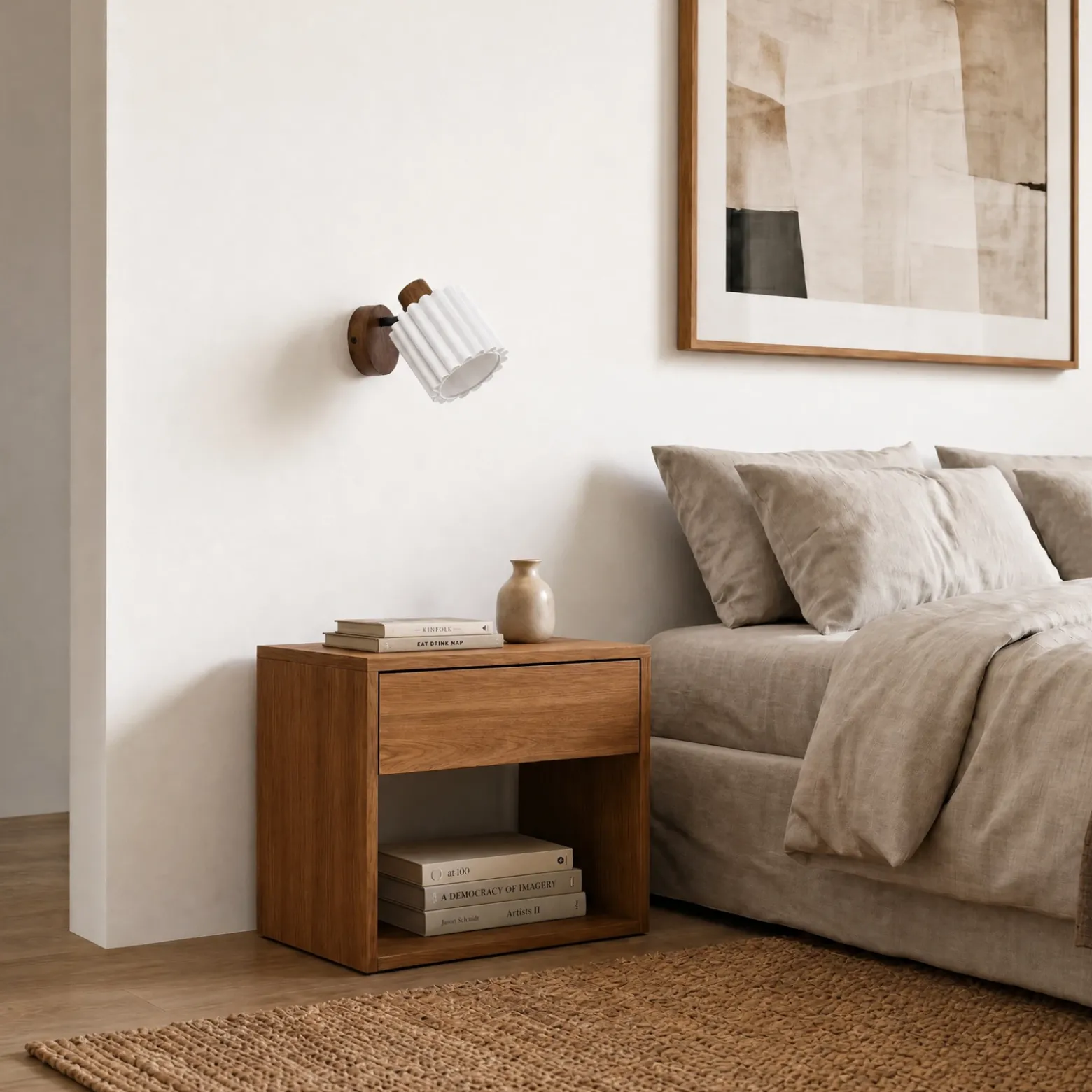 Foco de pared Lindby Shiloh, nogal/beige, madera/lino, E14