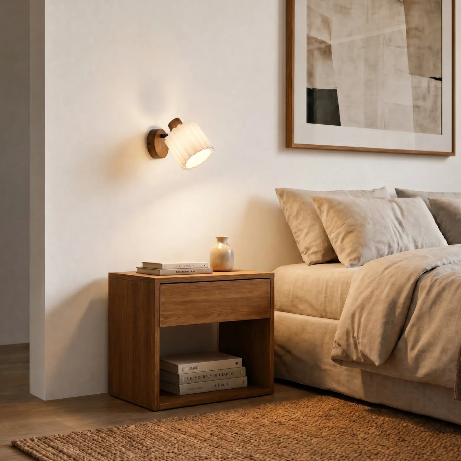 Foco de pared Lindby Shiloh, nogal/beige, madera/lino, E14