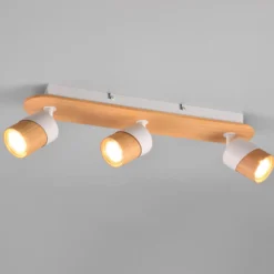 Foco de techo Aruni de madera, 3 luces blanco