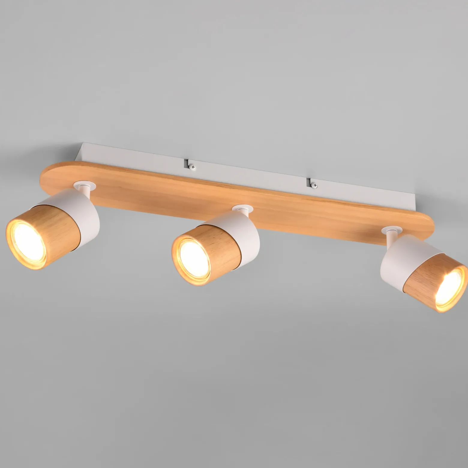 Foco de techo Aruni de madera, 3 luces blanco