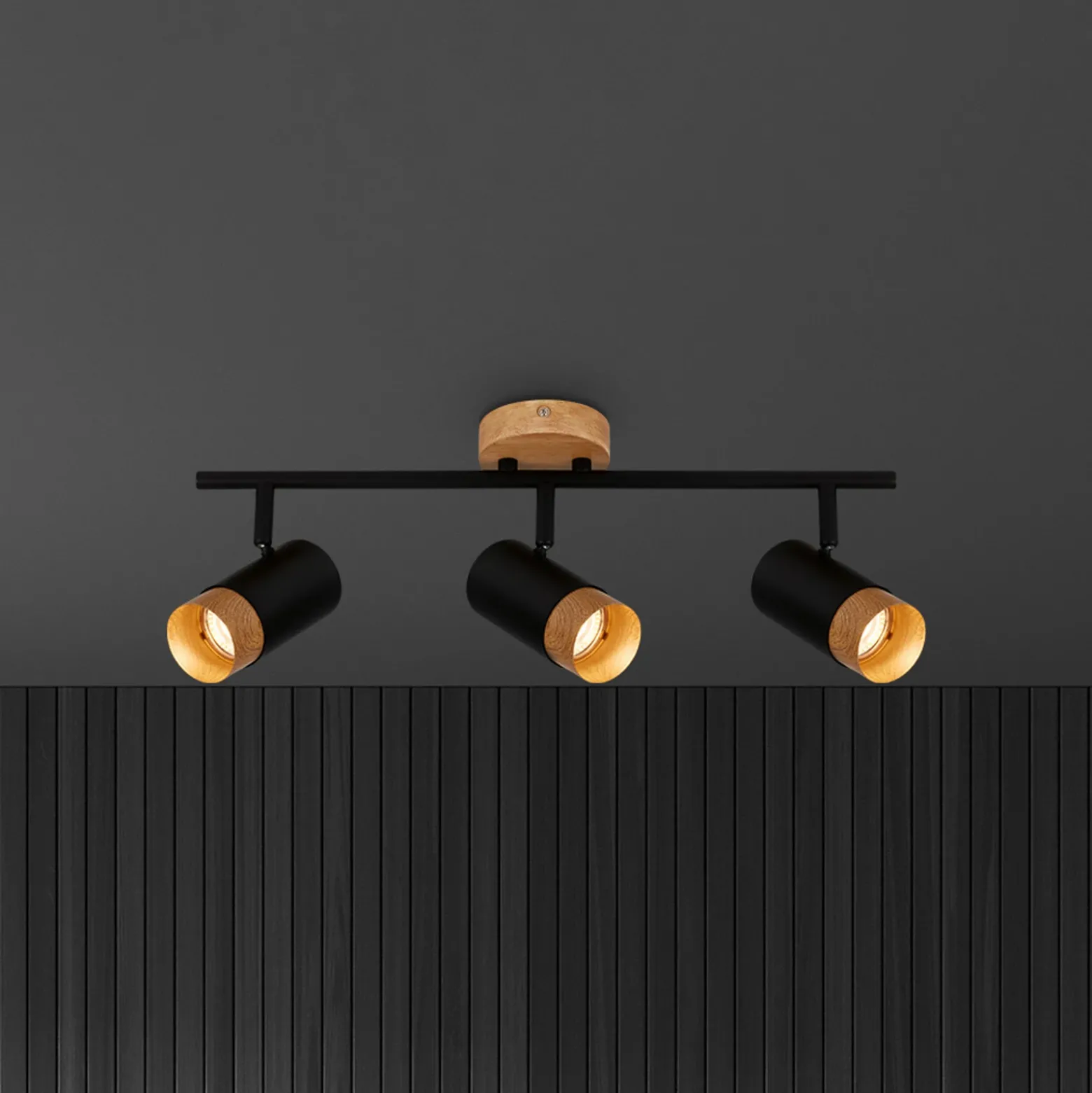 Foco de techo Plek GU10 negro/madera 3 luces
