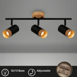 Foco de techo Plek GU10 negro/madera 3 luces