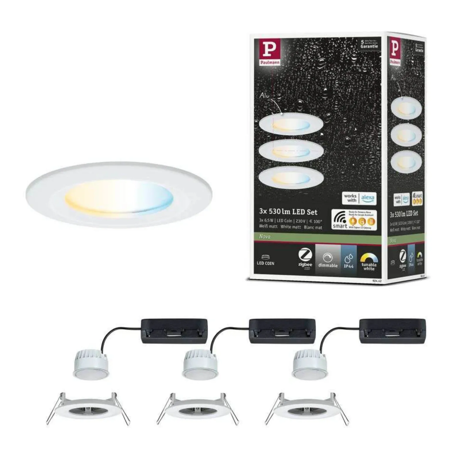 Foco empotrable LED Paulmann Nova Coin Smart blanco CCT, juego de 3, 7,8 cm