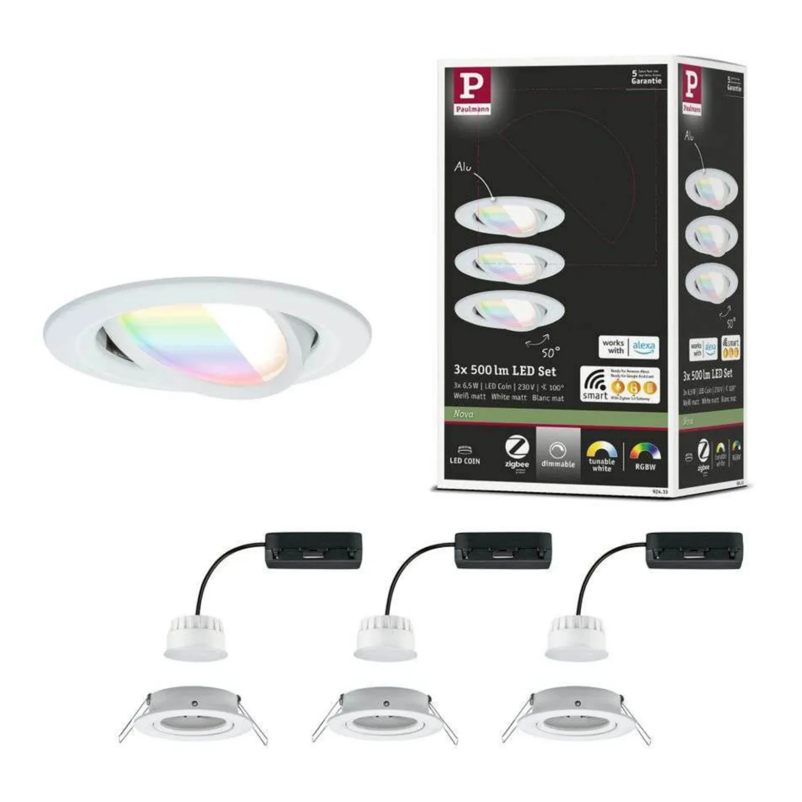 Foco empotrable LED Paulmann Nova Coin Smart blanco RGBW, juego de 3, 8,4 cm